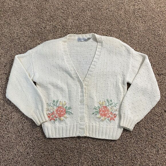 VTG Words Cardigan Sweater Women’s Medium Cream Floral Granny Core Coquette 90s - Picture 1 of 10